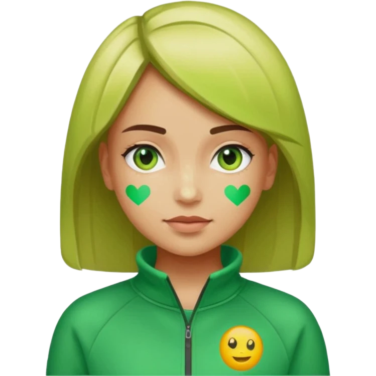 ​"A mosaic portrait of a girl in a green tracksuit, made of tiny emojis, digital art style, pixelated emoji textures, vibrant colors, creative composition." emoji