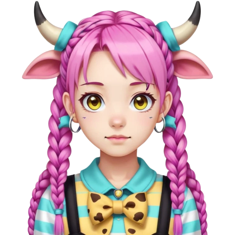 En anime-ku-jente med to rosa lange tykke fletter og cyan striper i håret, ku-horn og ku-ører, sort BH-topp over en gul cropped-fleece-blouse, lilla øyne, søt sløyfe på halsen  emoji