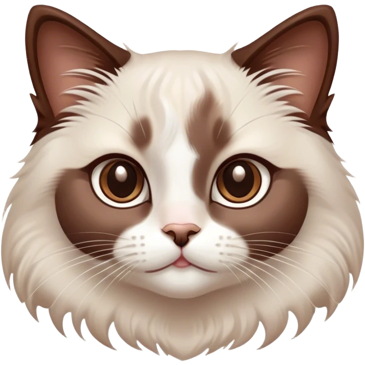 Cinematic Adorable Chocolate-Point Ragdoll Cat Portrait Emoji, Head tilted cutely with big, sparkling eyes, sleek brown and white tones with a sweet white nose, Simplified yet irresistibly adorable features, highly detailed, glowing with a soft, warm glow, high shine, affectionate and playful, stylized with a touch of whimsy, bright and endearing, soft glowing outline, capturing the essence of a curious and loving kitten, so cute it feels like it could leap out of the screen and snuggle up for a cuddle! emoji