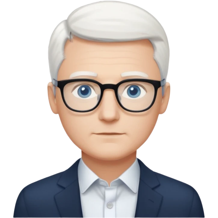 Thin white man, short white hair, black thin square glasses, white shirt, blue eyes, ceo - no tie emoji