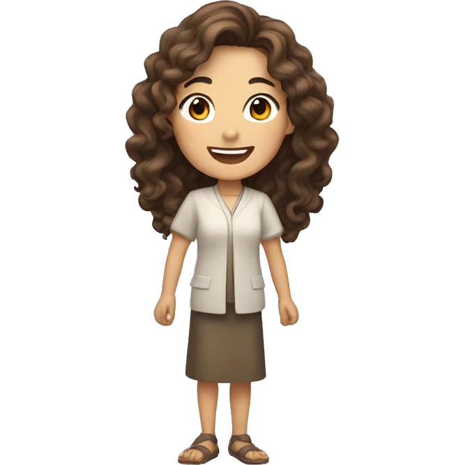 A smiling Asian woman with brown long curly hair and white skin raising one hand.  emoji