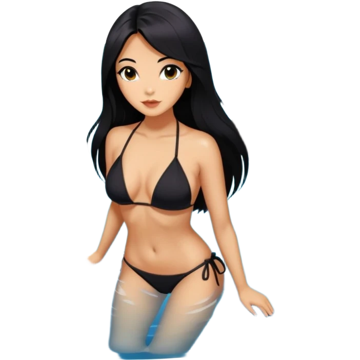 long black hair tanned woman, black bikini, in koi fish pond, orchids  emoji