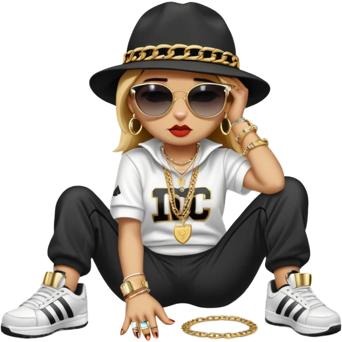 female cat wearing Run DMC hip-hop outfit with tracksuit, fedora, Adidas sneakers, dark sunglasses, many gold chains, rings, bracelets, flashy earrings, lying on the ground in distress, crying emoji