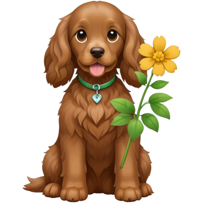 Full body shot of a brown cocker spaniel sitting happily with a flower emoji