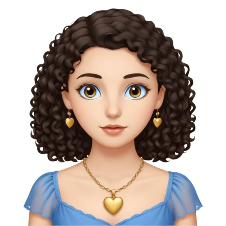 white girl, dark curly hair, big brown eyes, oval face, straight nose, full lips, soft eyebrows, wearing a delicate blue dress, a golden heart necklace, long eyelashes  emoji