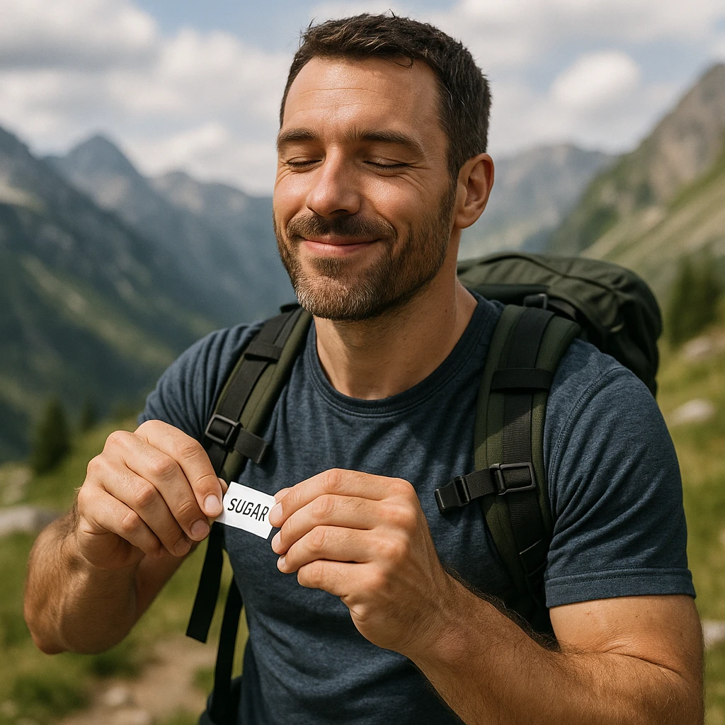 realistic 4K quality image of a sporty man during a mountain hike stopping to take a sugar packet for energy, satisfied expression, natural landscape background emoji