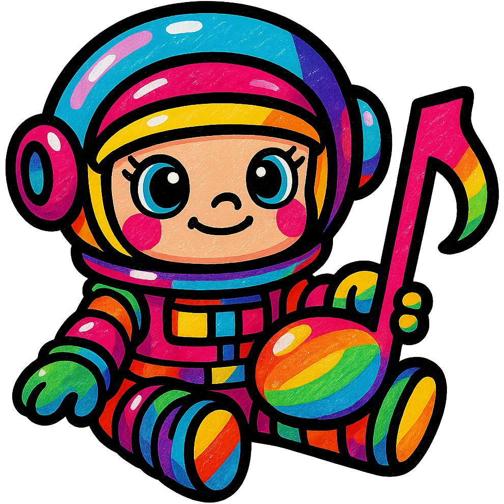 Add more vibrant colors to Popmart Space Molly as a Rednote emoji, keep playful and musical vibe, make helmet, suit, and musical notes multicolored, maintain cute cartoon style, no background. emoji