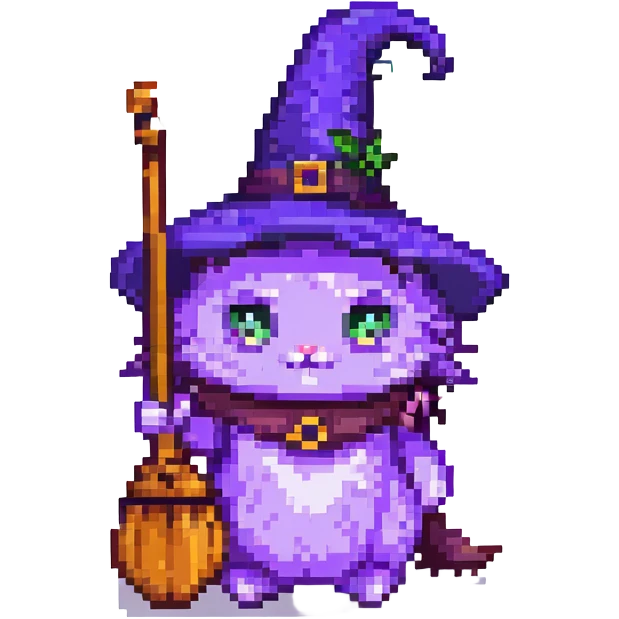 purple witch cat with a broom pixel art emoji
