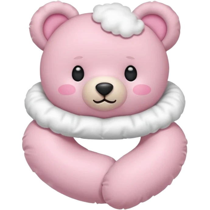 pink teddy bear, upright and dynamic, floral neck pillow, right hand with frilly white satin cloud pillow, flat and minimal, iPhone emoji style emoji
