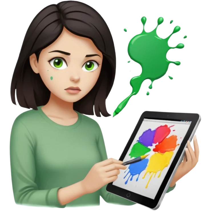 emoji holding and drawing on tablet using a stylus, looking down at screen in frustration, female, dark hair, green eyes, screen slightly visible with splashes of color like a paint palette  emoji