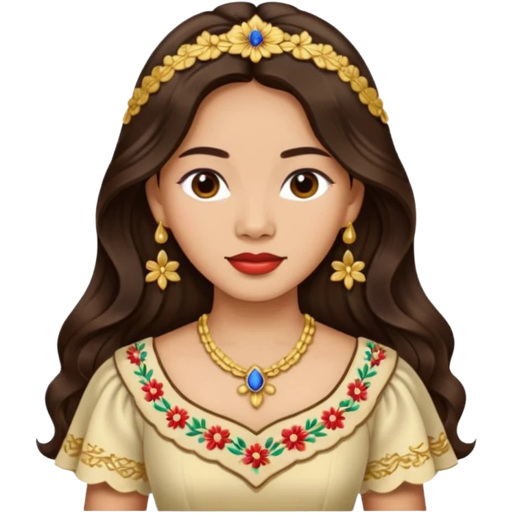 Filipino woman with long dark wavy hair parted in the middle wearing a traditional filipiniana emoji
