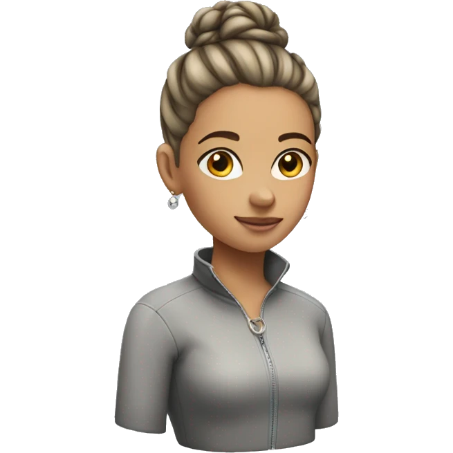 Girl with a grey half zip, a hair bun and jewelry in det ear emoji