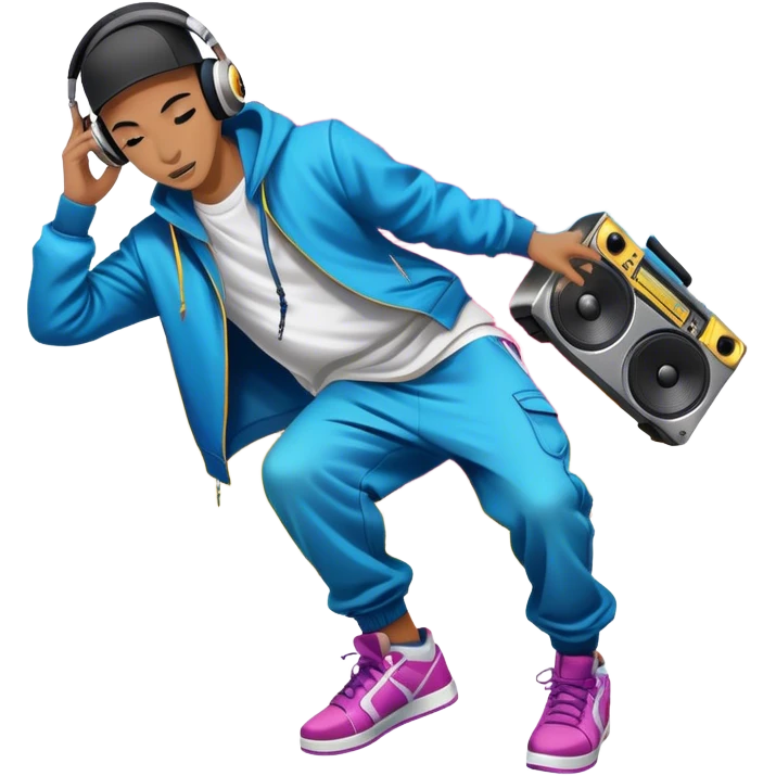Icon for Street Dance: a dancer in urban streetwear performing a dynamic lower breakdance move, with a spray-painted background, headphones, and a boombox on the asphalt. The icon should capture the energy, style, and creativity of street dance culture. Transparent background. emoji