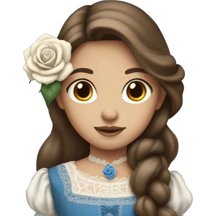 girl with long brown hair and blue Victorian dress holding a whit rose emoji