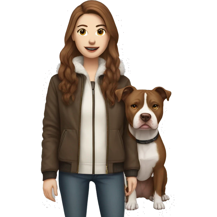 white woman with long brown hair in a furry jacket standing alongside a white pitbull with a brown patch around his eye emoji