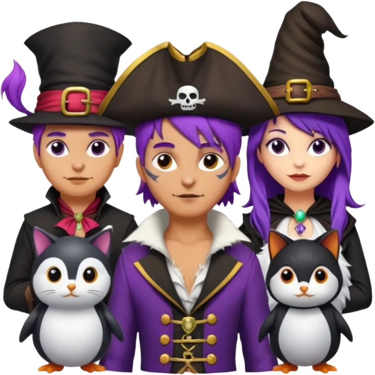 Um homem vestido de pirata,um gato de mágico,uma mulher de cabelos roxos e um pinguin vestido de bruxa emoji