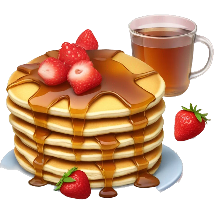 pancake with maple syrup and stawberries and hot tea emoji