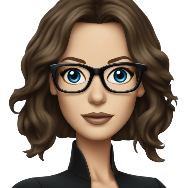Hyper Realistic photo Kate Beckinsale blue eyes wearing glasses in a business meeting black dress emoji