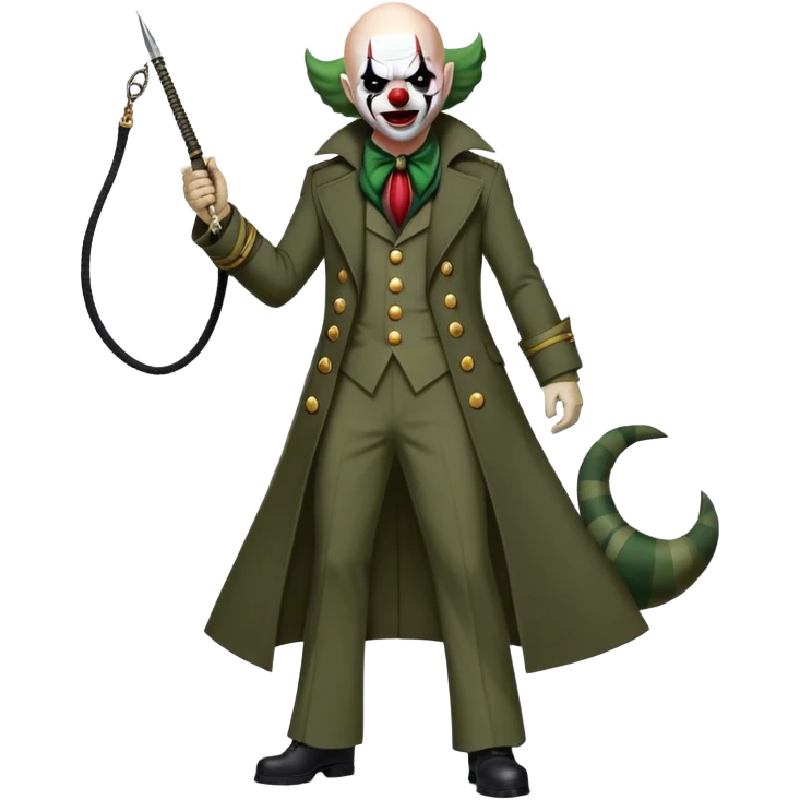 evil clown, bald, small black horns on forehead, fangs, pointed ears, eye patch over one eye, long coat over black and military green leisure suit with bellbottom pants, tail, holding a different style of whip, realistically proportioned, less bulky, full body, battle-ready, fighting posture emoji