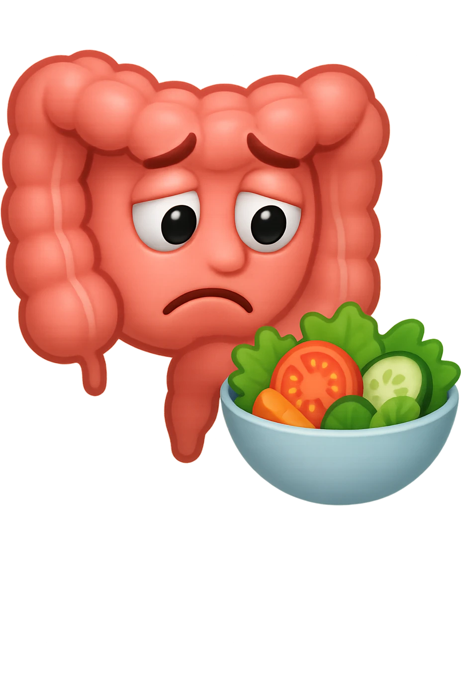 EMOJI STILE IPHONE DI UN INTESTINO UMANO ANATOMICO CHE GUARDA UN INSALATA CON ESPRESSIONE TRISTE E RASSEGNATA IN VOLTO: SOFFRE LA FAME PERCHé è A DIETA, FAGLI ANCHE LA PARTE BIANCA DEGLI OCCHI, NON SOLO LE PUPILLE emoji