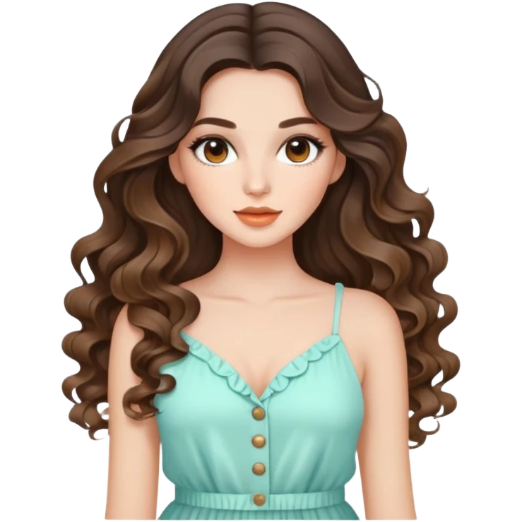 beautiful brunette with a light balayage white girl with nice curls/defined waves, very long hair, clean girl makeup and nice summer outfit  emoji