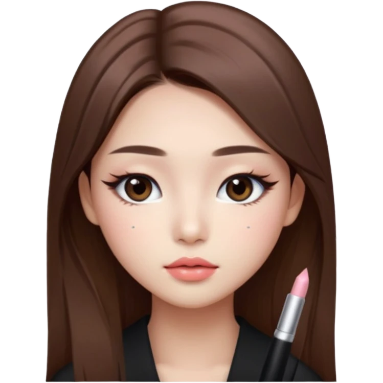 “korean straight long brown hair Emoji girl, soft eyeliner and blush, gradient lips, light brown shimmer eyeshadow emoji