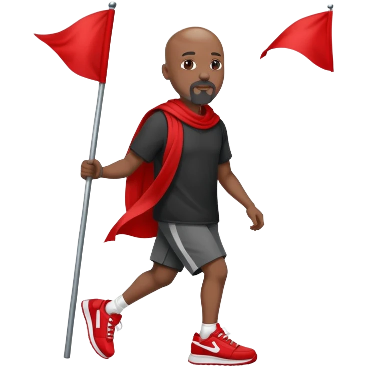 Bald black man with a white goatee in sneakers carrying a red flag emoji