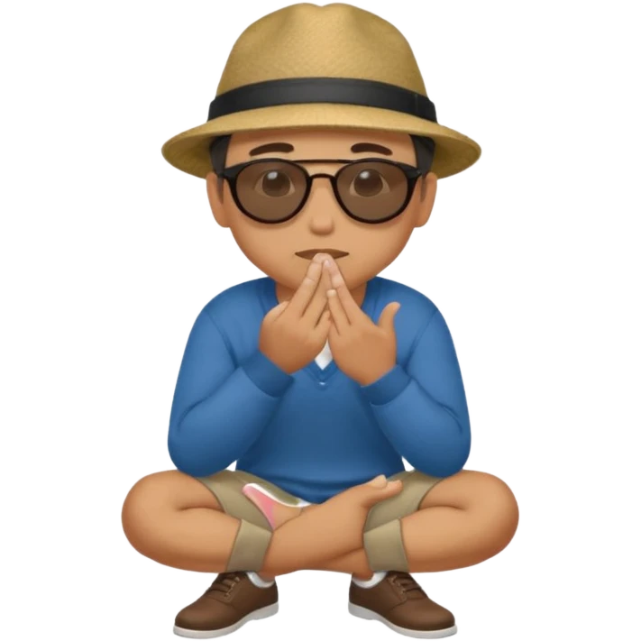 A man squatting down and holdig his hand flat a bit above the ground, like your pettig the air and while holding his finger to his mouth emoji
