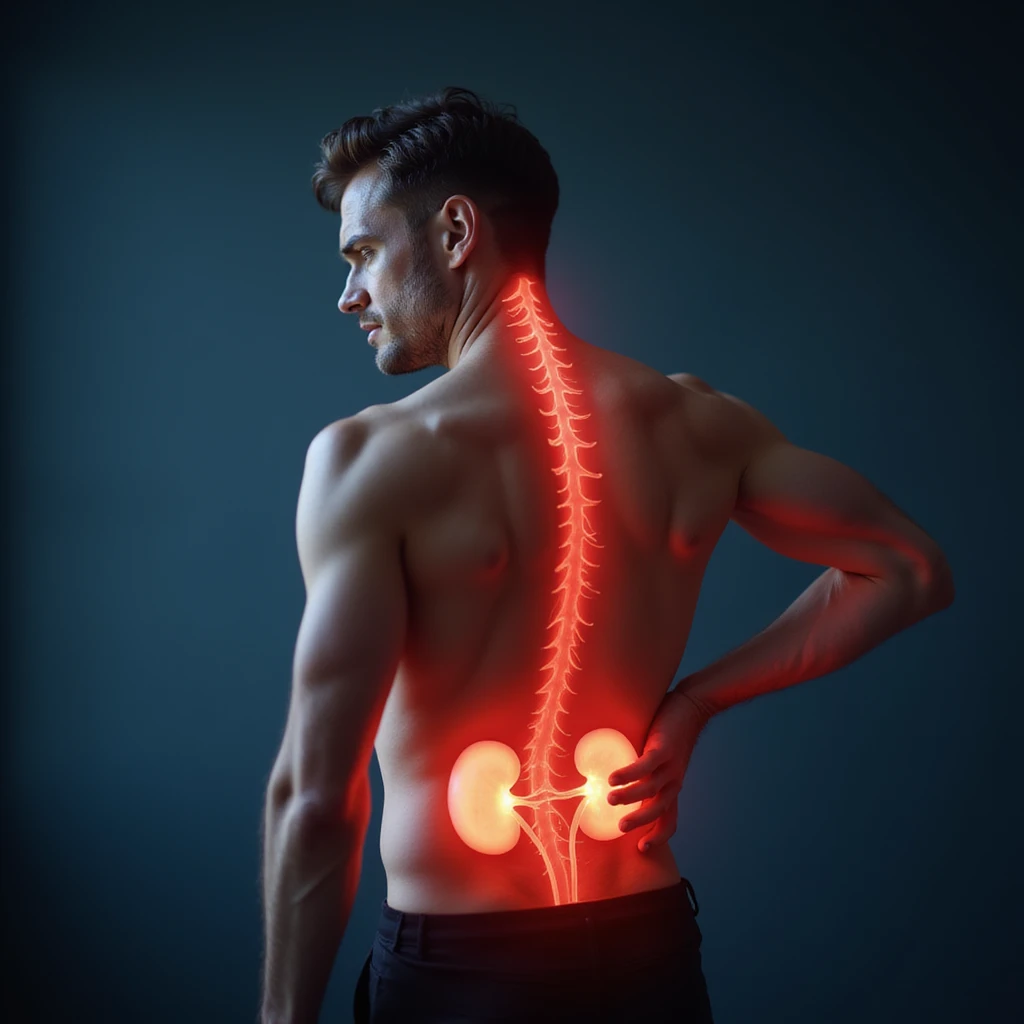 realistic man with painful expression, hand on lower back, kidneys shown in inflamed red tones with subtle anatomy overlay, symbolic clinical background, cool light, anatomy focus, 4K emoji