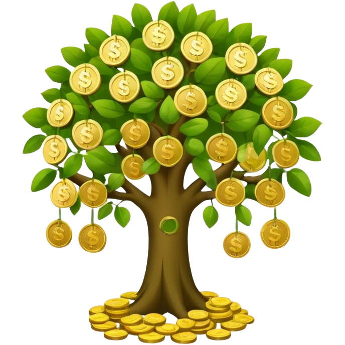 Apple-style money tree (10 coints), round soft green canopy.
No pot, no ground — only the tree.
Small gold coins as fruits inside the leaves (not below).
Flat 2D vector, clean shapes, no gradients.
Dark near-black background, premium fintech icon. emoji