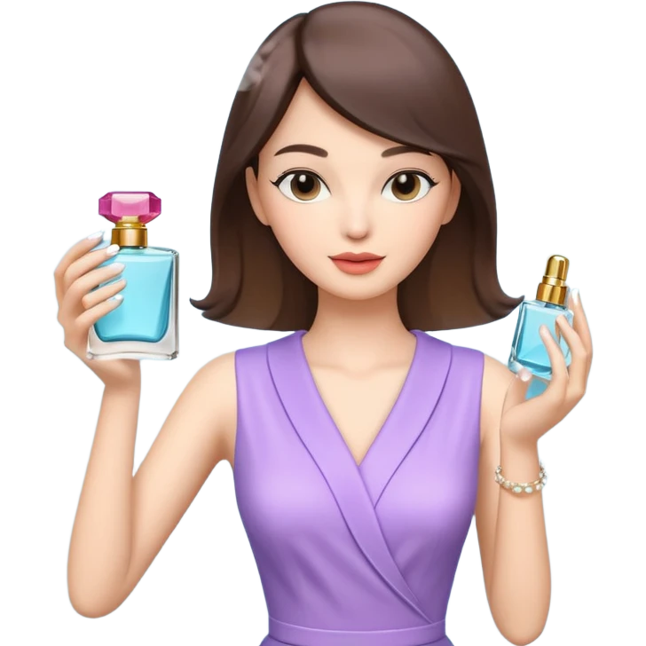 stylish woman spraying perfume, holding a perfume bottle, soft mist spray in the air, elegant pose, 3D cartoon, mobile game icon style, clean background, no text, no watermark

 emoji