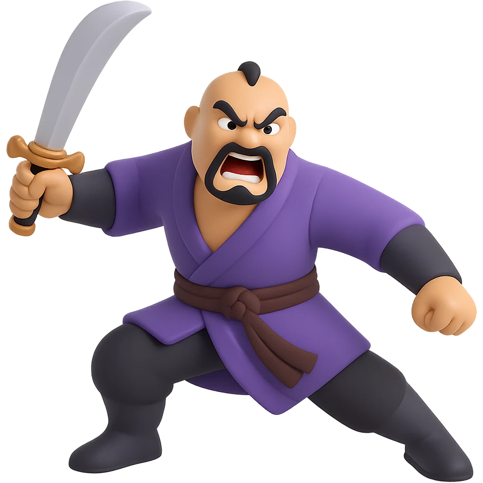 Show Shan Yu in a dynamic battle stance, full body, holding a weapon, looking seriously pissed off, transparent background, in the style of 3D emoji (microsoft style 3d fluent emojis) emoji