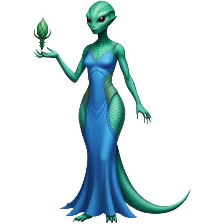 a Reptilian alien woman, full body, in bue dress emoji