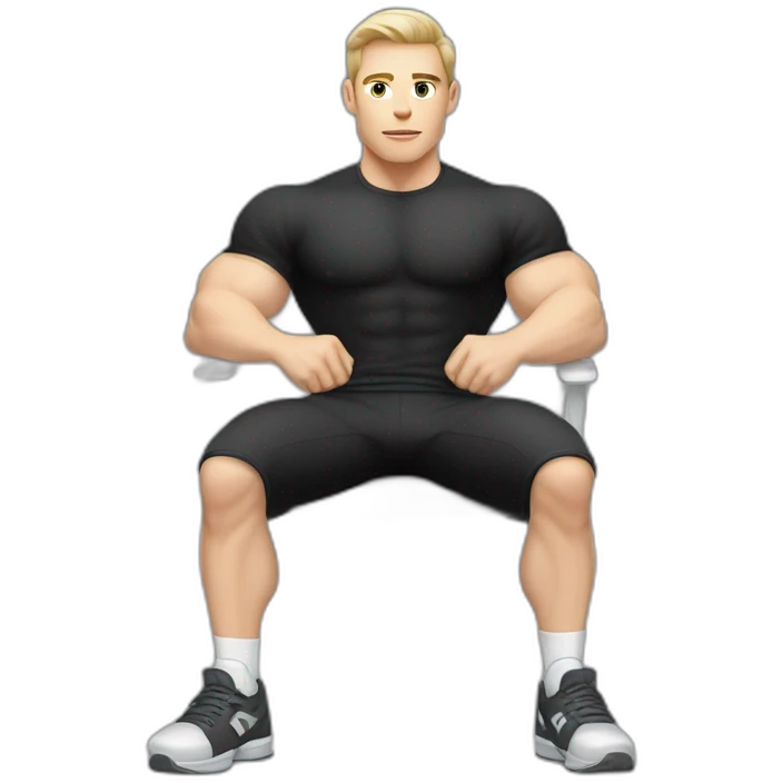 Pale skinned Fit Man With the biceps and dark brown hair in black shirt, gray sports shorts and white Sneakers Sitting on a chair emoji