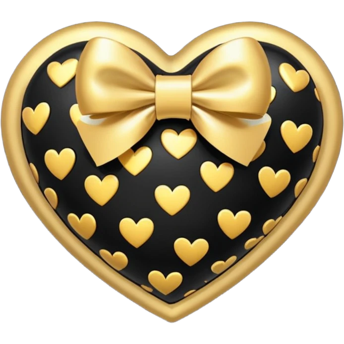 glossy plush black heart with a gold bow and heart pattern on the bow emoji