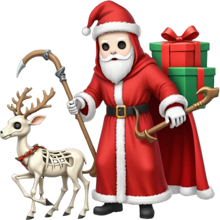 the Grim reaper dressed as Santa.... What gifts would be in his Sleigh.... What would his Sleigh likely look like.... Would the reindeer be skeletons, or ordinary reindeer emoji