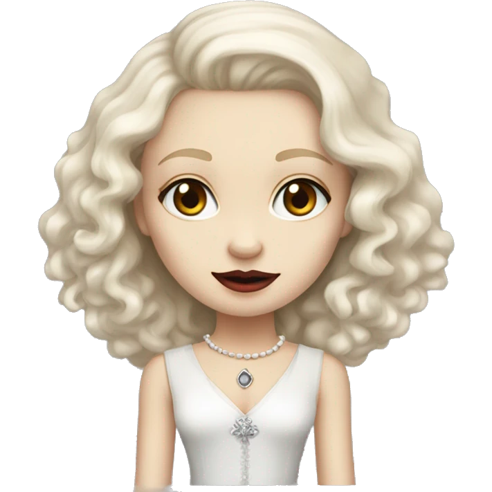 This girl looks like the queen of vampires, she has red eyes, but she is very kind, she has blonde hair, pale skin, big eyes, cheekbones and curly beautiful hair, she likes to dress elegantly, there is a white Chihuahua dog with gray spots emoji