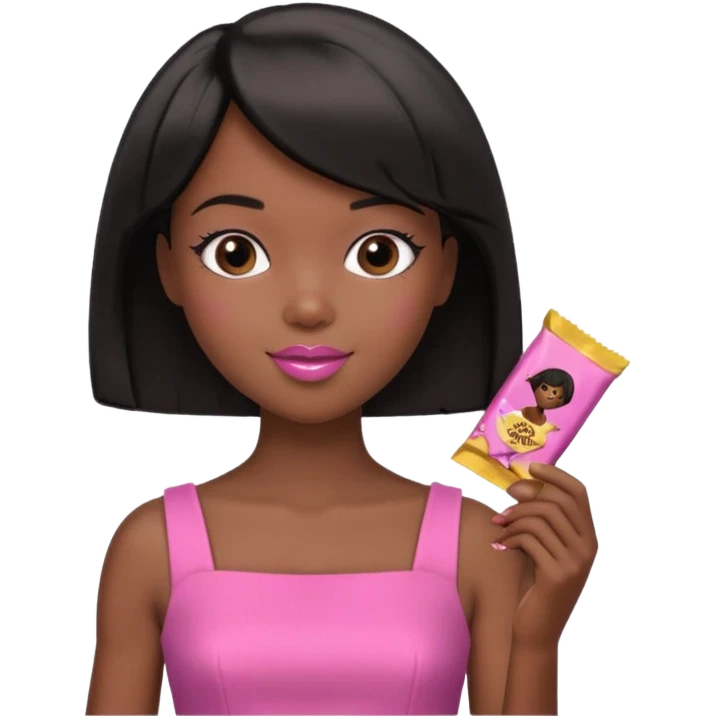 Black barbie, short  black bob  hair, pink dress eating chocalate bar emoji