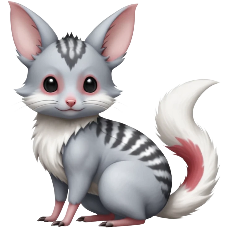 Cute realistic furry flurry Chinchilla-Minccino-Lykoi-Emolga-Pachirisu-Zangoose-fusion-hybrid-animal-Fakémon-creature, full body, thin long sleek scaly tail, intricate markings emoji