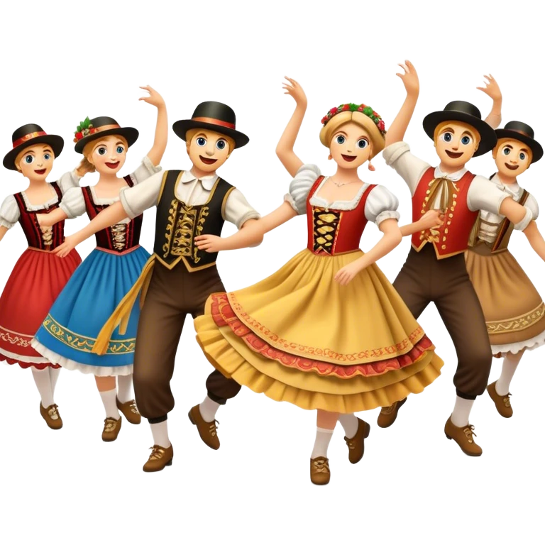 Cinematic Realistic Schuhplattler Dance Emoji, depicted as a lively traditional folk dance scene with performers in authentic Bavarian costumes, rendered with dynamic textures and festive natural lighting that captures the spirit of rural celebration. emoji
