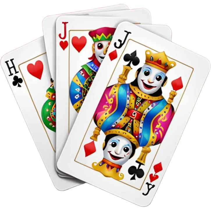 3 poker cards, with crazy colorful human jolly jokers inside emoji