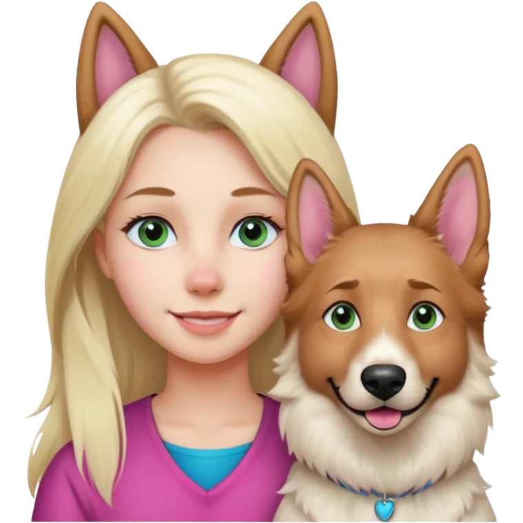 White European young woman with blue-green eyes and long blond hair with her white German Shepherd dog,the Dog hast a pink nose and short fur  and Brown eyes emoji