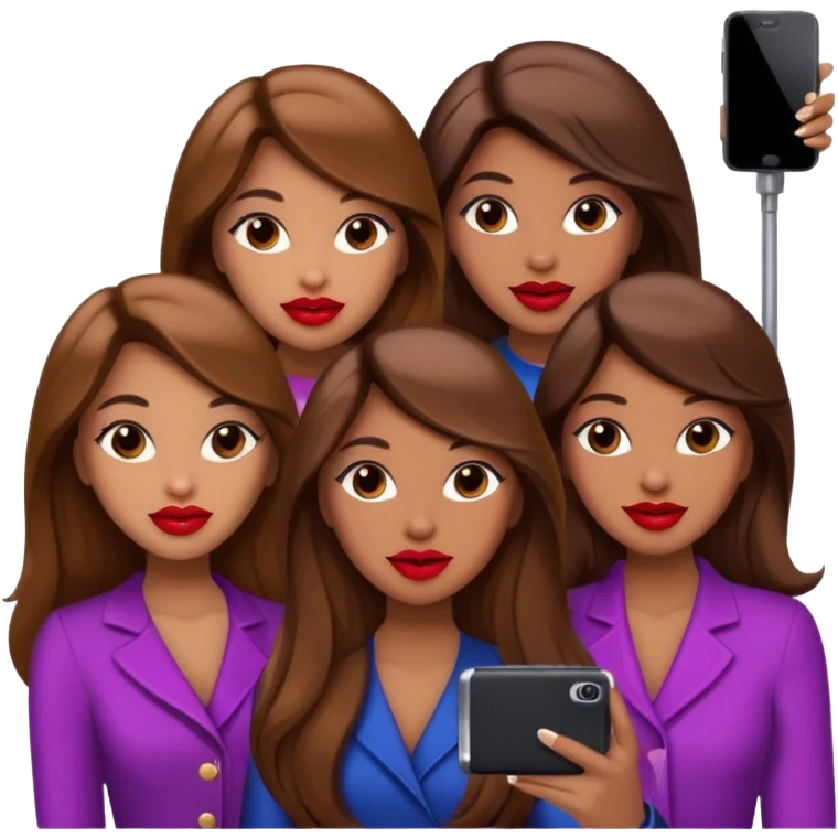 Glam girls in a group of 3 friends , taking a selfie with long brown hair, light brown  emoji