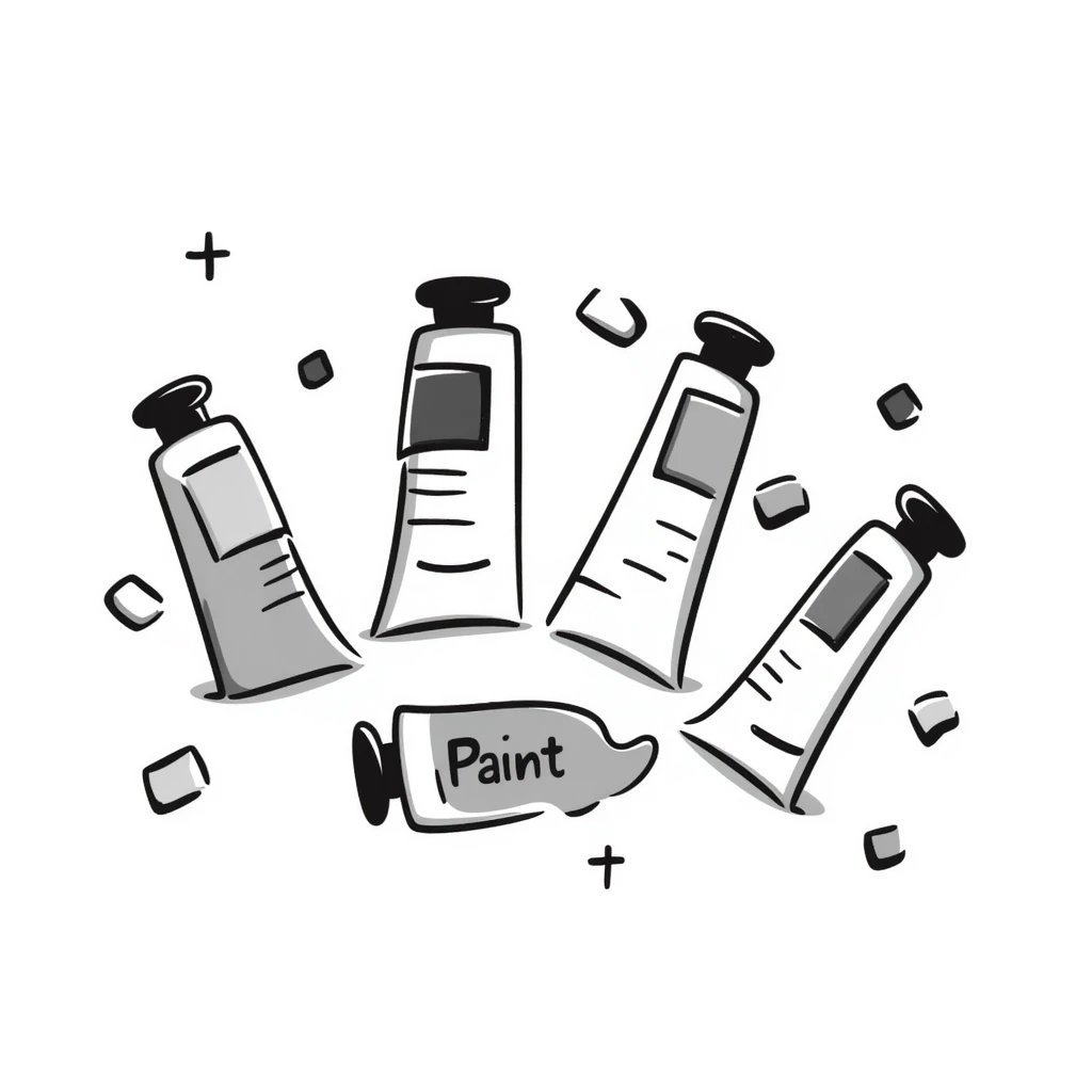 Art paint tubes with different colors squeezed out in pastel colors (dd9fb0, ffc6d3, a3bfc9, c4bee2, f1b091), hand-drawn doodle style emoji