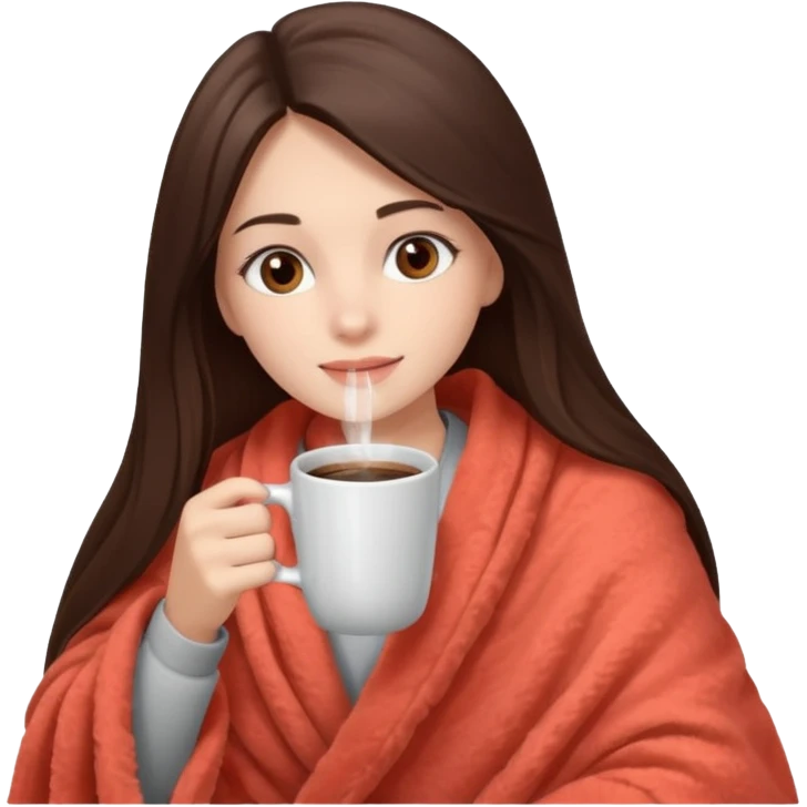 Девушка брюнетка с прямыми длинными волосами, кардиями глазами укутана в пушистый плед кораллового цвета и пьет кофе. Картинка должна были в цветах: бежевый, коралловый и коричневый emoji