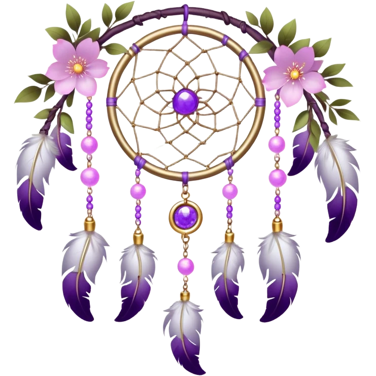 A silvery-white Dreamcatcher. with purple-round-orbs, gold-rings hanging down. purple flowers, pink sakura flowers, emoji