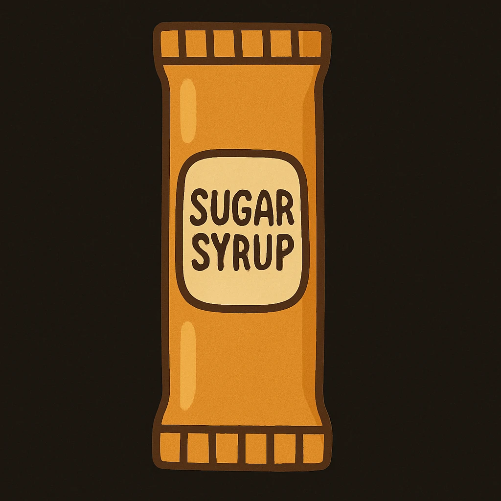 Change the background to black. Make the golden bag color lighter and more yellow, keeping the modern cartoon style and playful sugar syrup label. The bag should remain non-transparent and the syrup not visible. emoji
