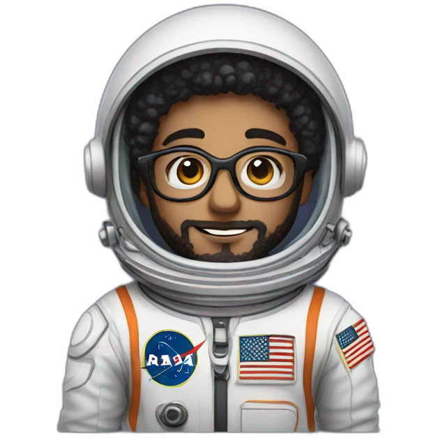 Boy with black short curly hair and beard wearing glasses astronaut emoji