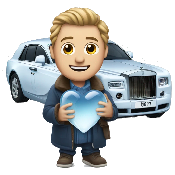 man hold frozen heart near rolls royce emoji