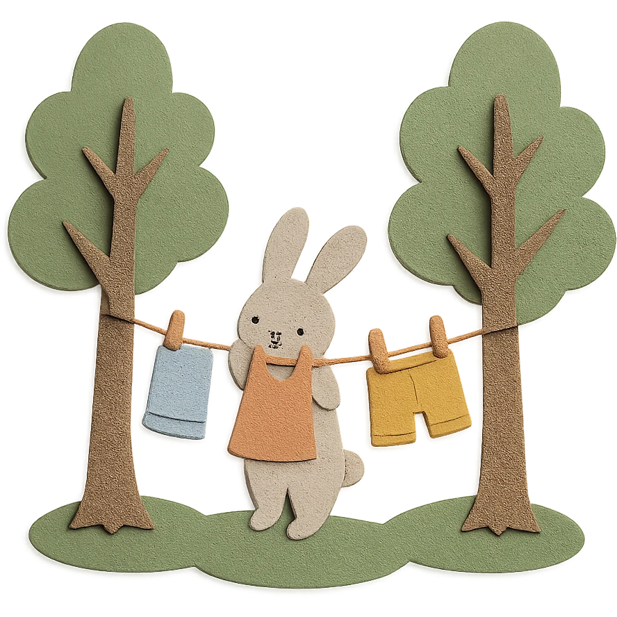 bunny hanging laundry between trees, calming domestic forest feel emoji
